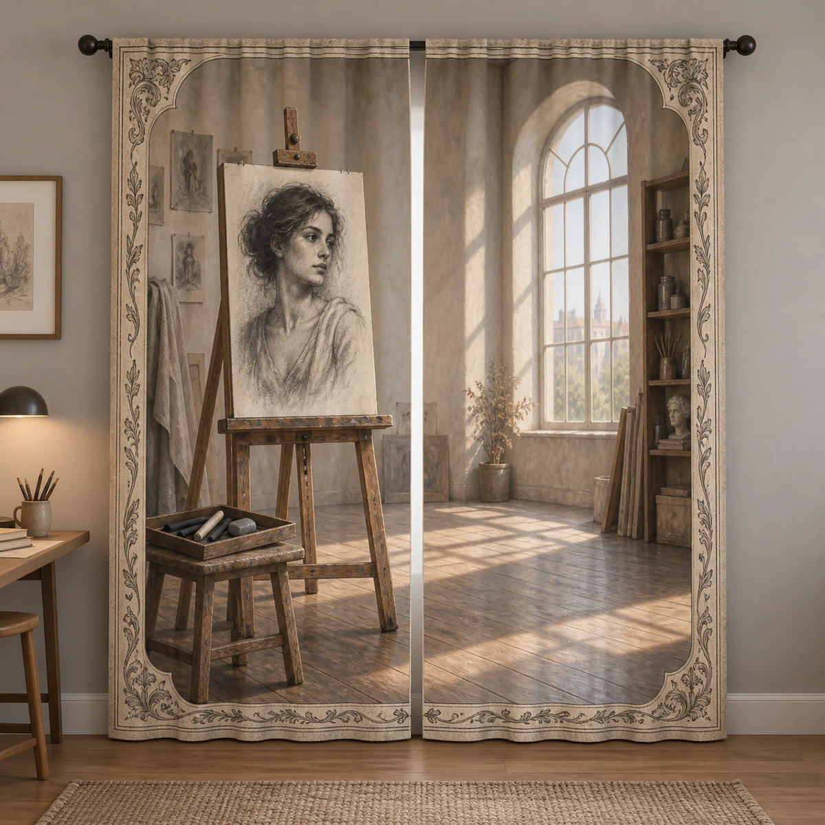 Charcoal Drawing Atelier Window Curtain Pair with original printed optical 3D artwork