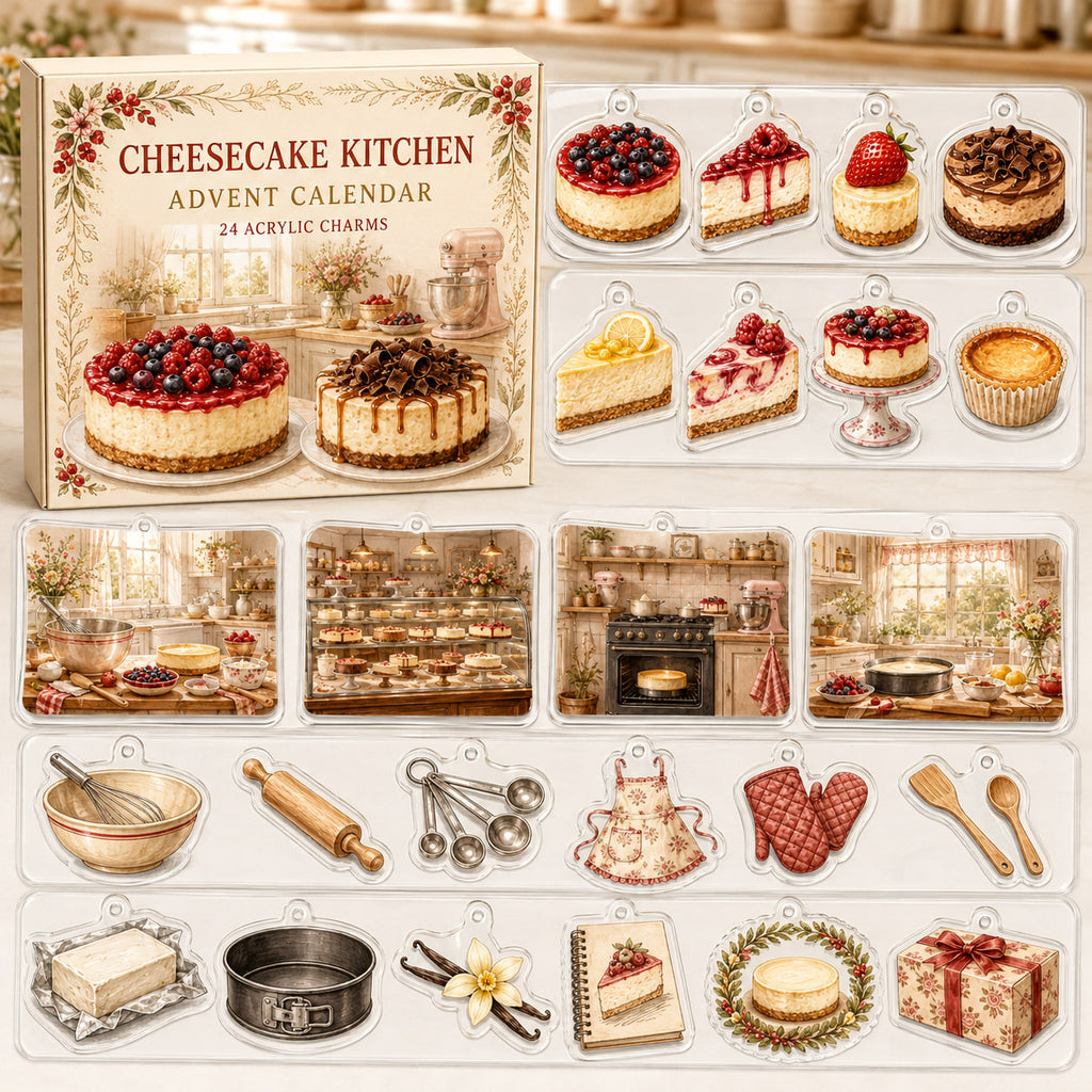 Cheesecake Baking advent calendar box and 24 printed acrylic bakery charms