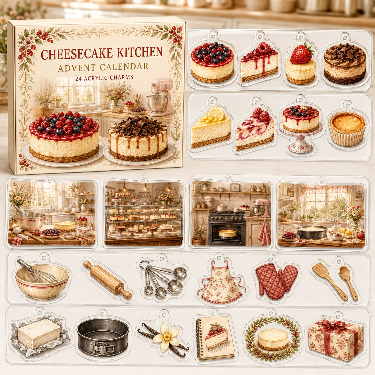 Cheesecake Baking advent calendar box and 24 printed acrylic bakery charms