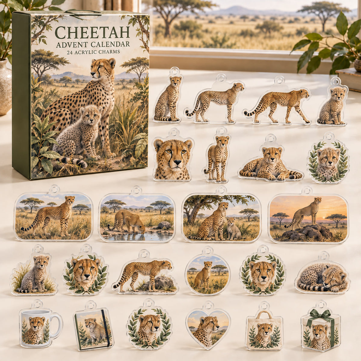 Cheetah advent calendar box with 24 themed flat printed acrylic charms