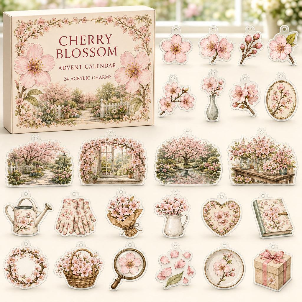 Cherry Blossom advent calendar box and 24 printed acrylic botanical charms