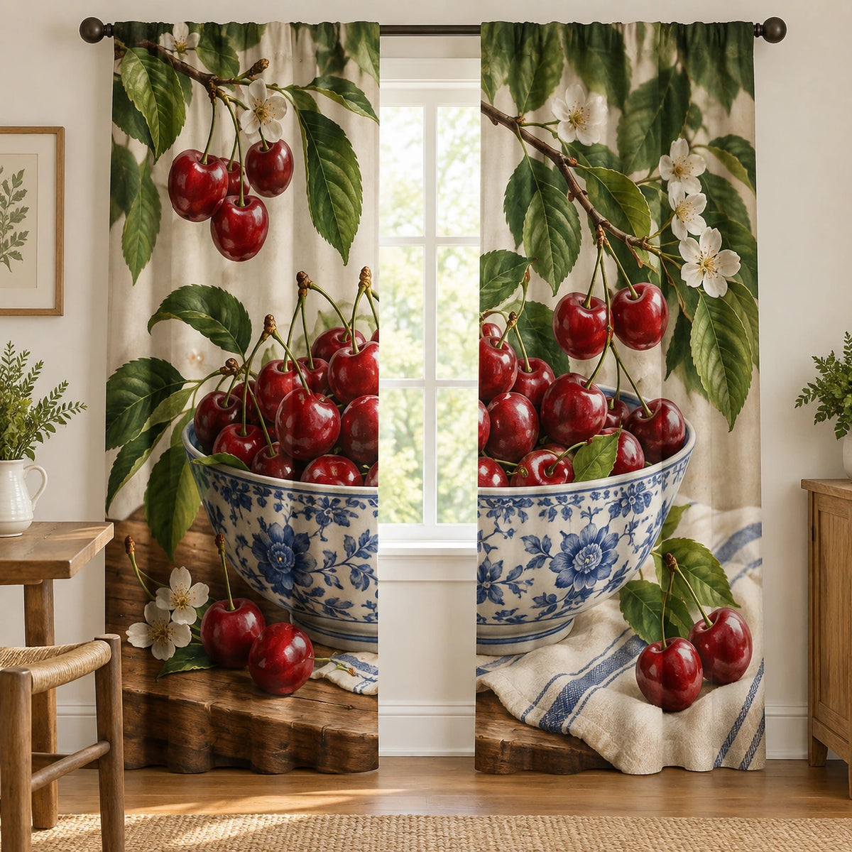Cherry Ceramic Bowl Window Curtains with printed dimensional artwork