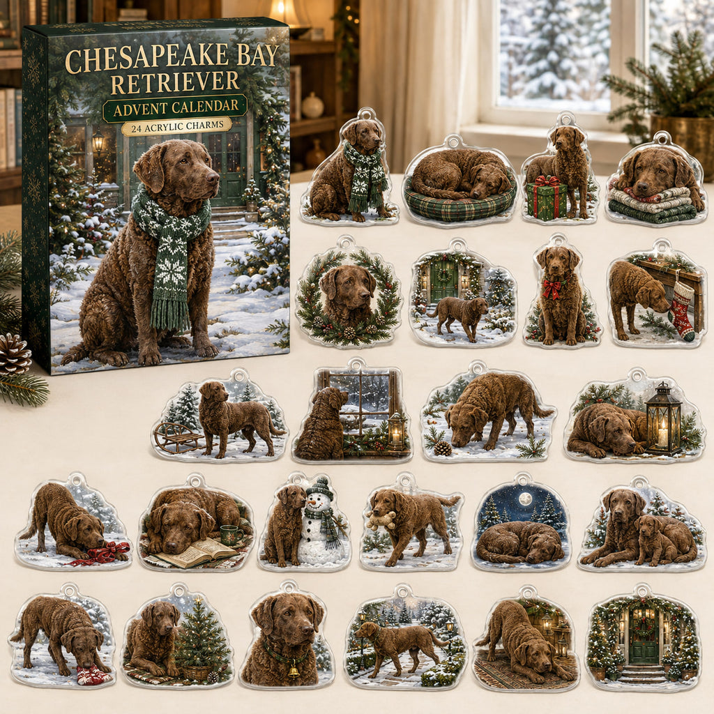Chesapeake Bay Retriever advent calendar box and 24 illustrated acrylic charms displayed on an ivory tabletop in a winter setting