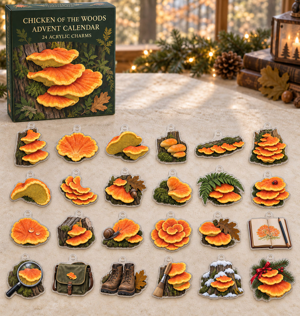 Chicken of the Woods advent calendar with 24 custom-shaped flat acrylic charms and printed dimensional artwork