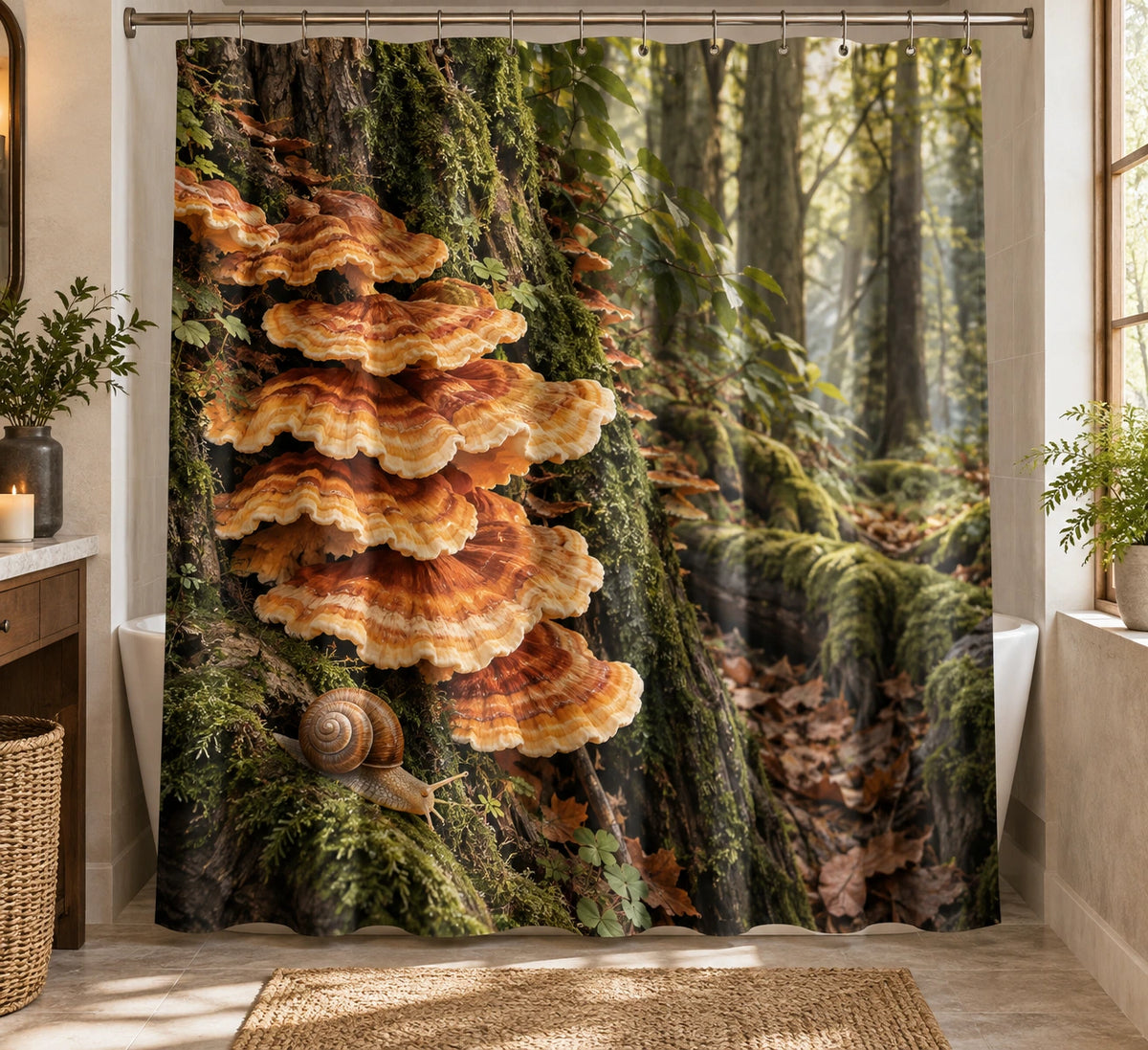 Chicken of the Woods Snail Companion Shower Curtain with printed dimensional artwork