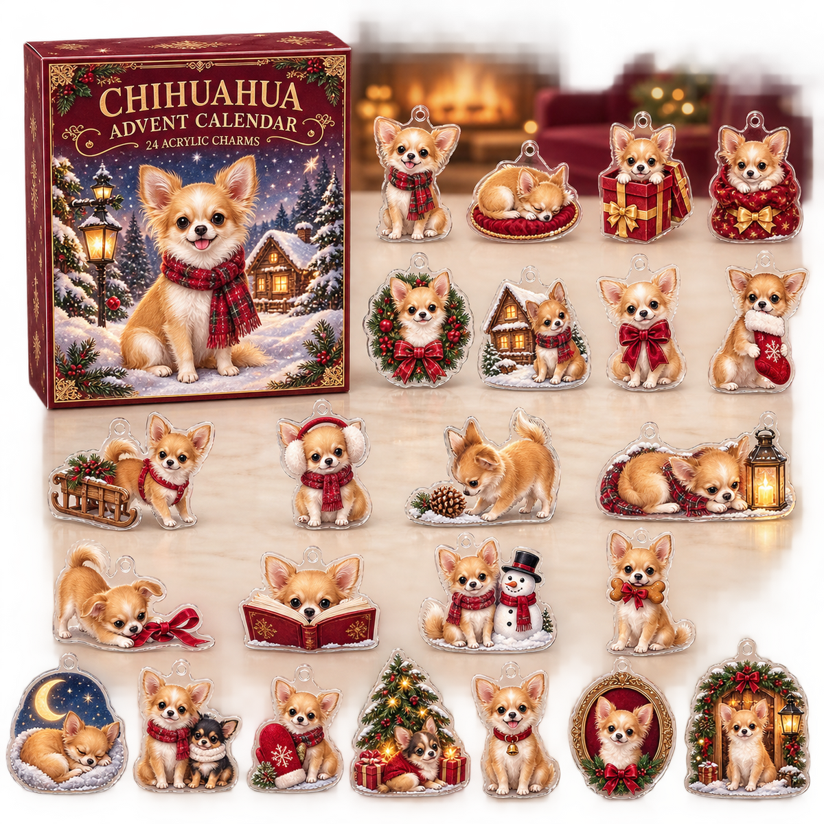 Chihuahua advent calendar box and full set of 24 illustrated acrylic charms on a light tabletop