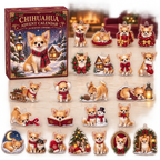 Chihuahua advent calendar box and full set of 24 illustrated acrylic charms on a light tabletop
