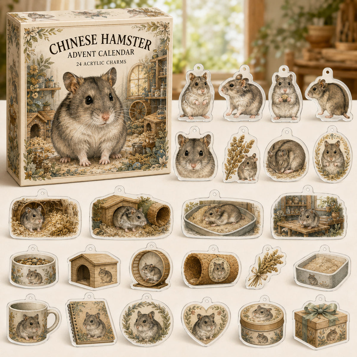 Chinese Hamster calendar box and 24 flat printed acrylic charms