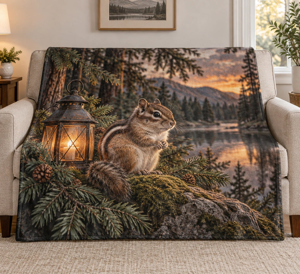 Chipmunk Evergreen Lantern Fleece Blanket with printed dimensional artwork