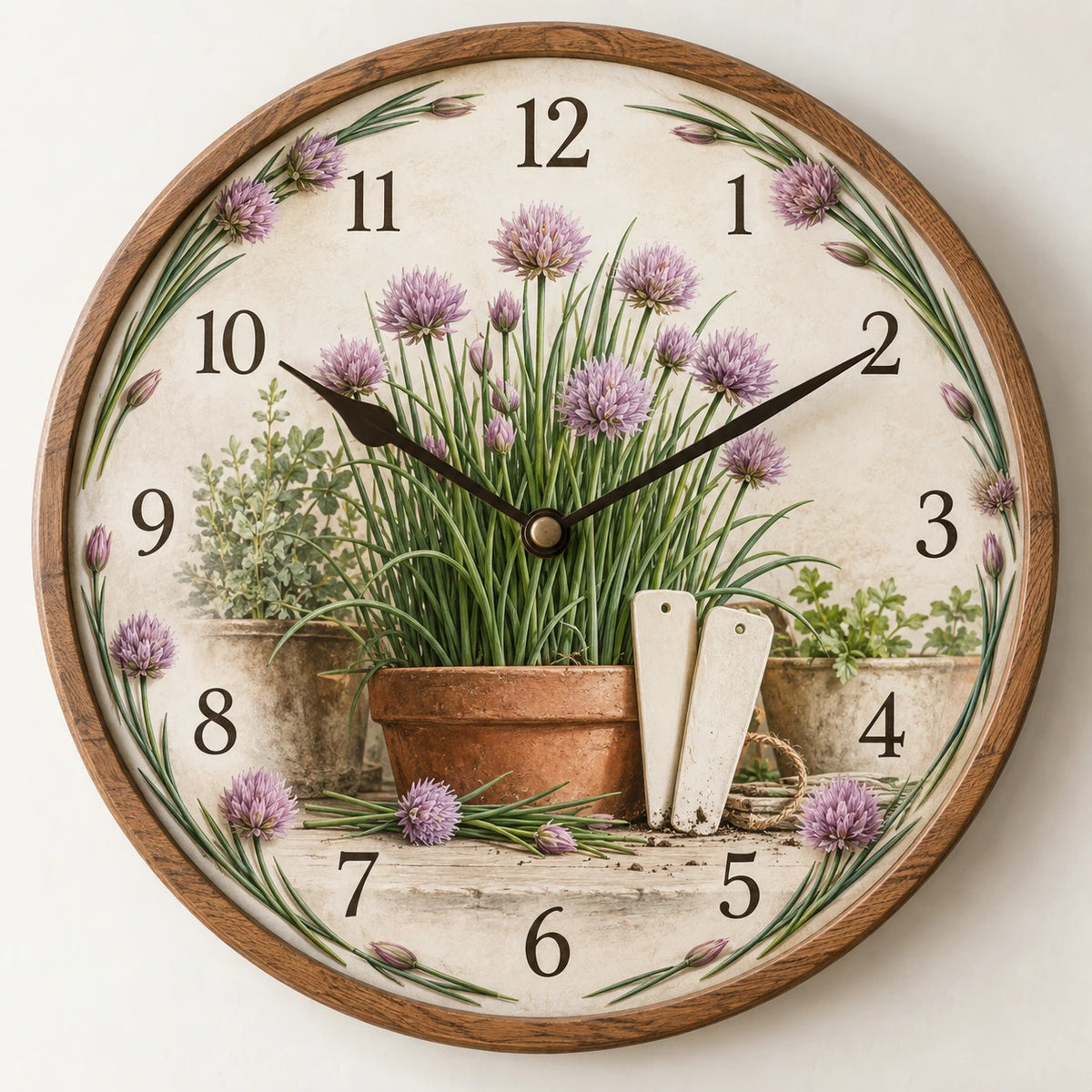 Chives Garden Labels Wooden Wall Clock with printed dimensional artwork