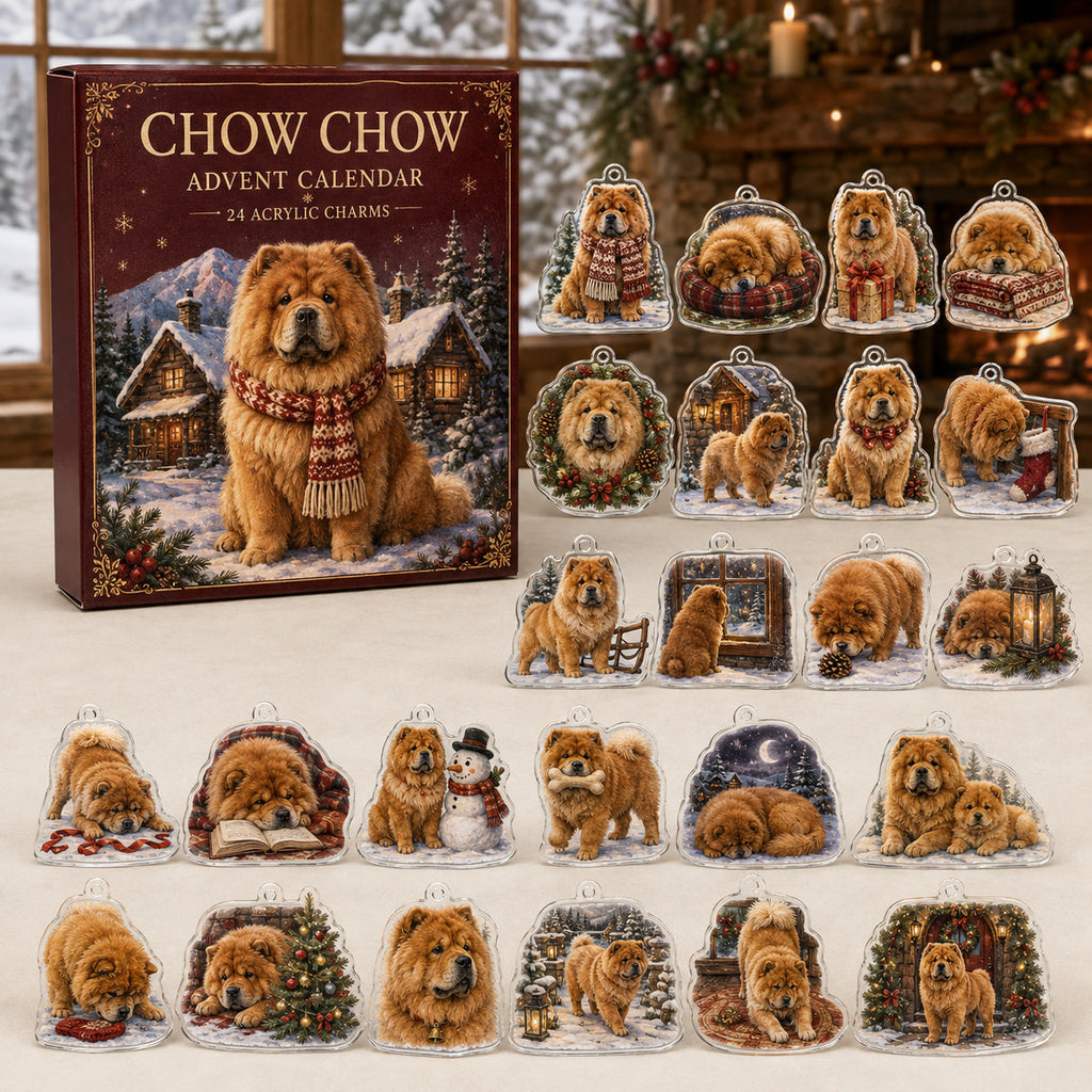 Chow Chow advent calendar box and 24 illustrated acrylic charms displayed on an ivory tabletop in a winter setting