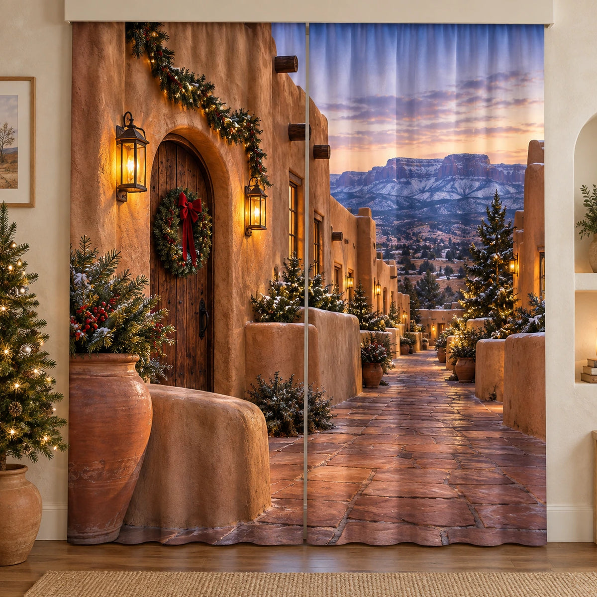 Christmas Adobe Window Curtain Pair with layered printed depth and niche-specific Christmas background