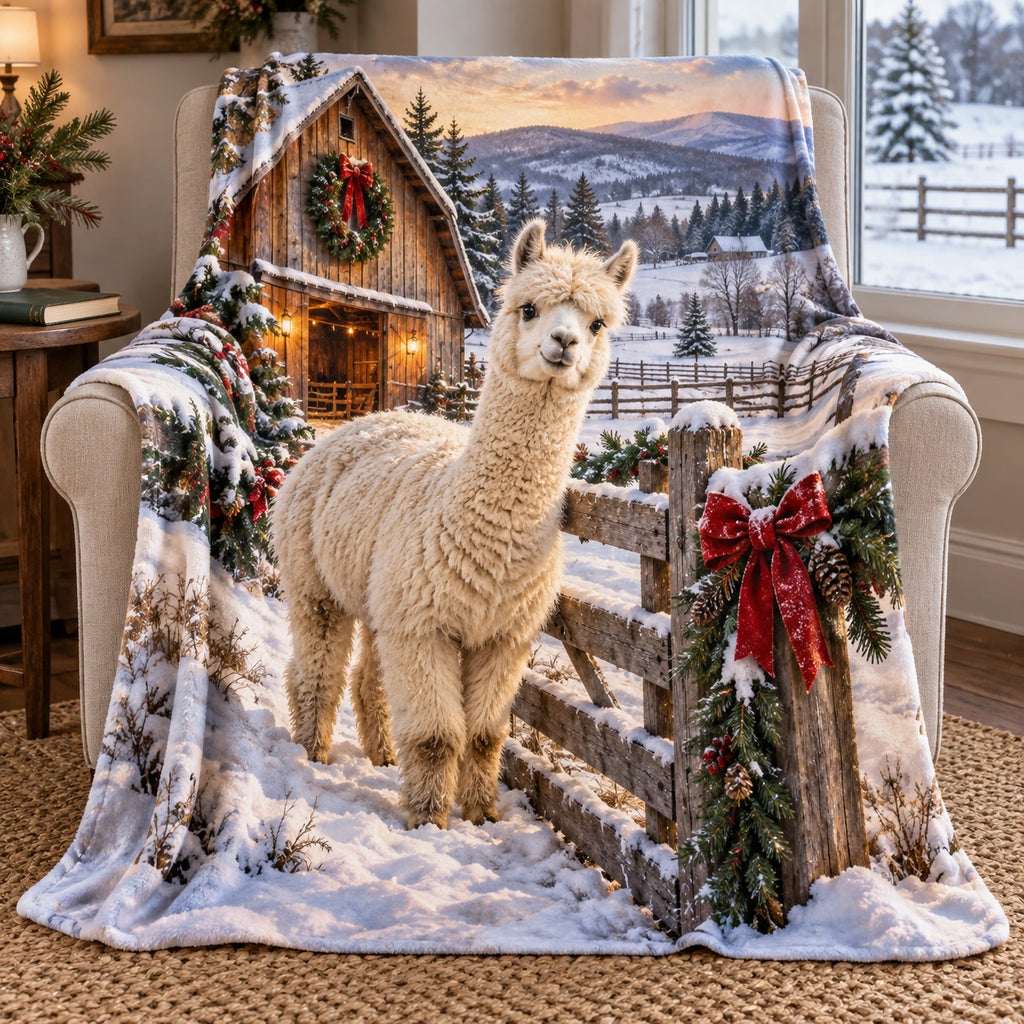 Christmas Alpaca Farm Fleece Throw Blanket with layered printed depth and niche-specific Christmas background