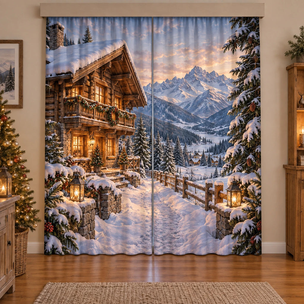Christmas Alpine Chalet Window Curtain Pair with layered printed depth and niche-specific Christmas background