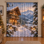 Christmas Alpine Chalet Window Curtain Pair with layered printed depth and niche-specific Christmas background