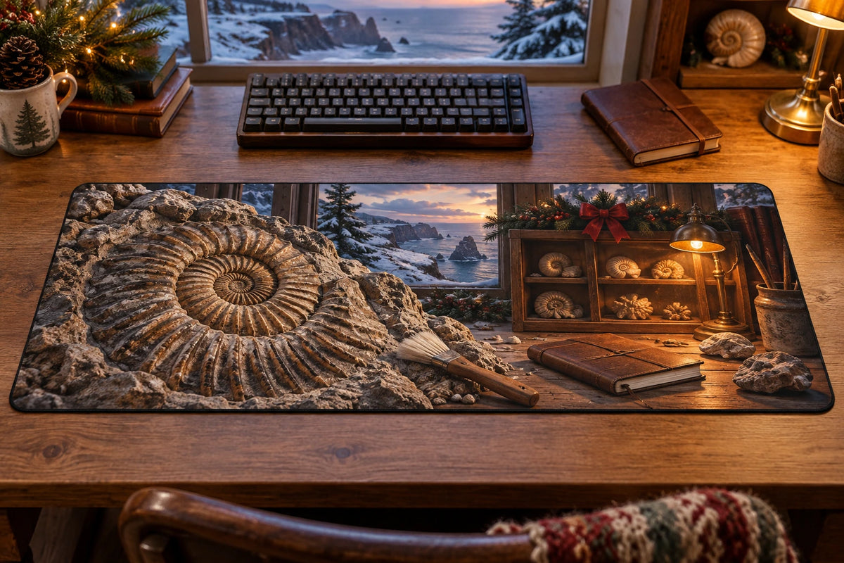 Christmas Ammonite Study Desk Mat with layered printed depth and niche-specific Christmas background