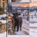 Christmas Angus Ranch Garden Flag with layered printed depth and niche-specific Christmas background