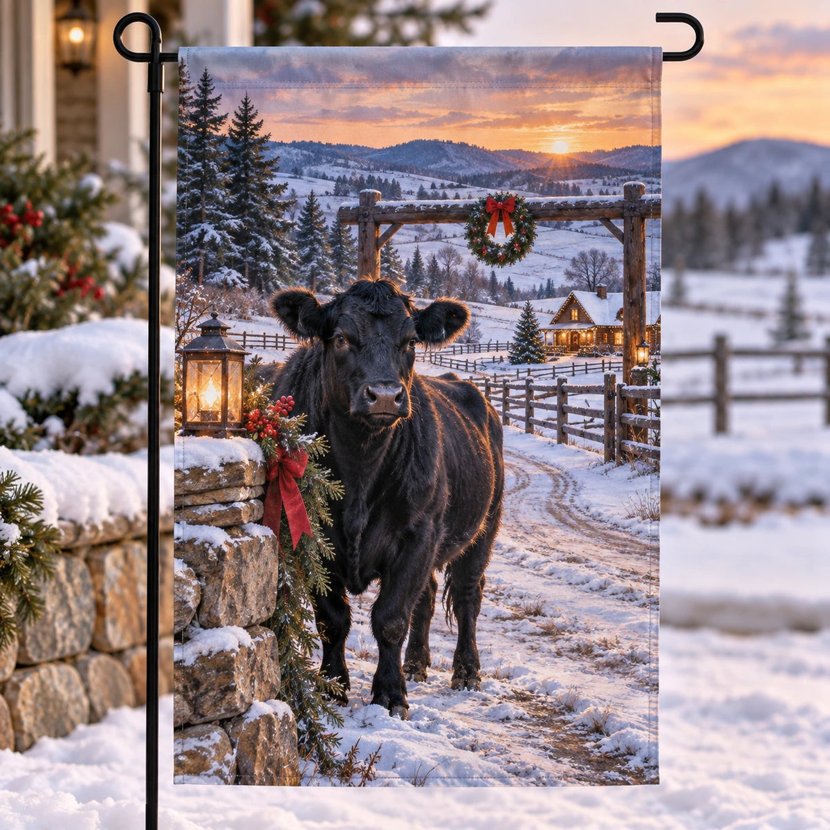 Christmas Angus Ranch Garden Flag with layered printed depth and niche-specific Christmas background