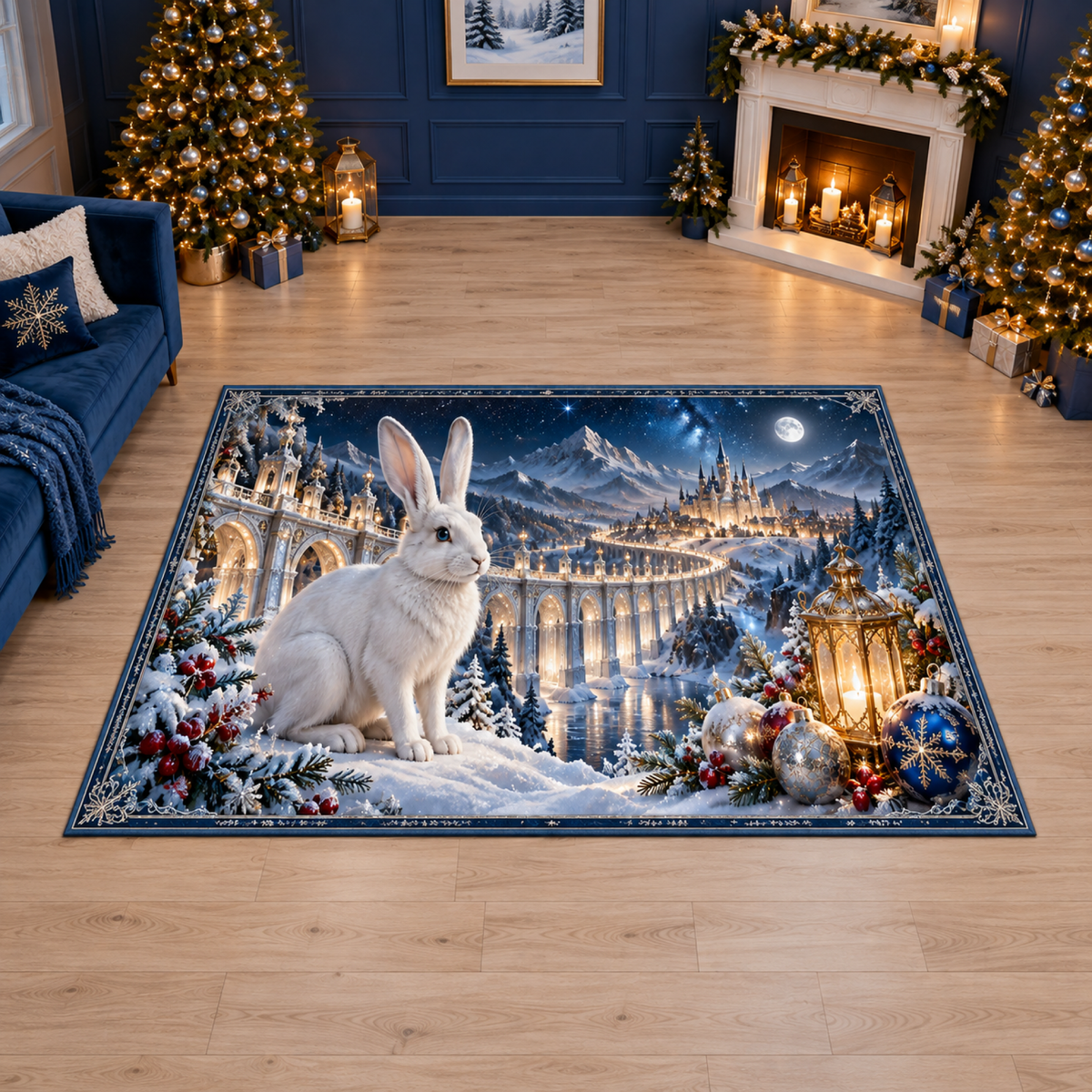 Christmas Arctic Hare Crystal Viaduct Area Rug flat printed mat in a matching Christmas room