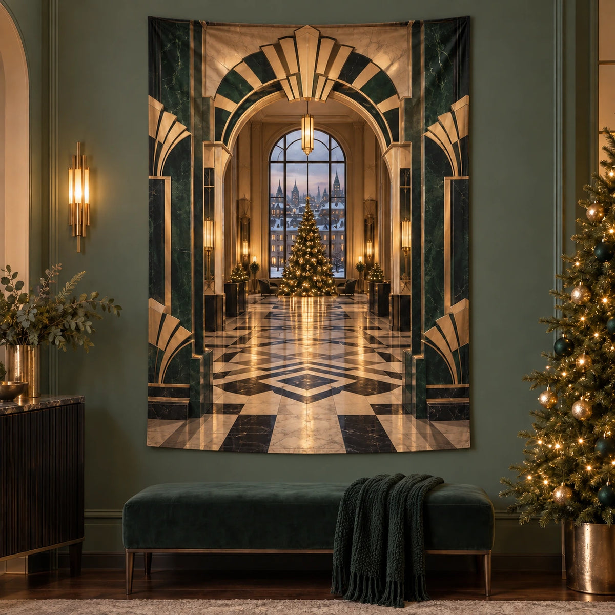 Christmas Art Deco Wall Tapestry with layered printed depth and niche-specific Christmas background
