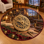 Astrolabe Workshop Christmas artwork and layered scenic details printed on a flat round mat rug; festive details and apparent relief are printed.