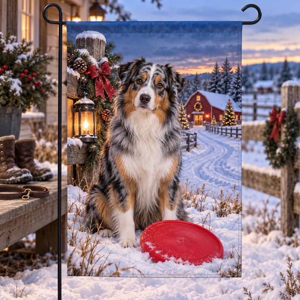 Christmas Australian Shepherd Ranch Garden Flag with layered printed depth and niche-specific Christmas background
