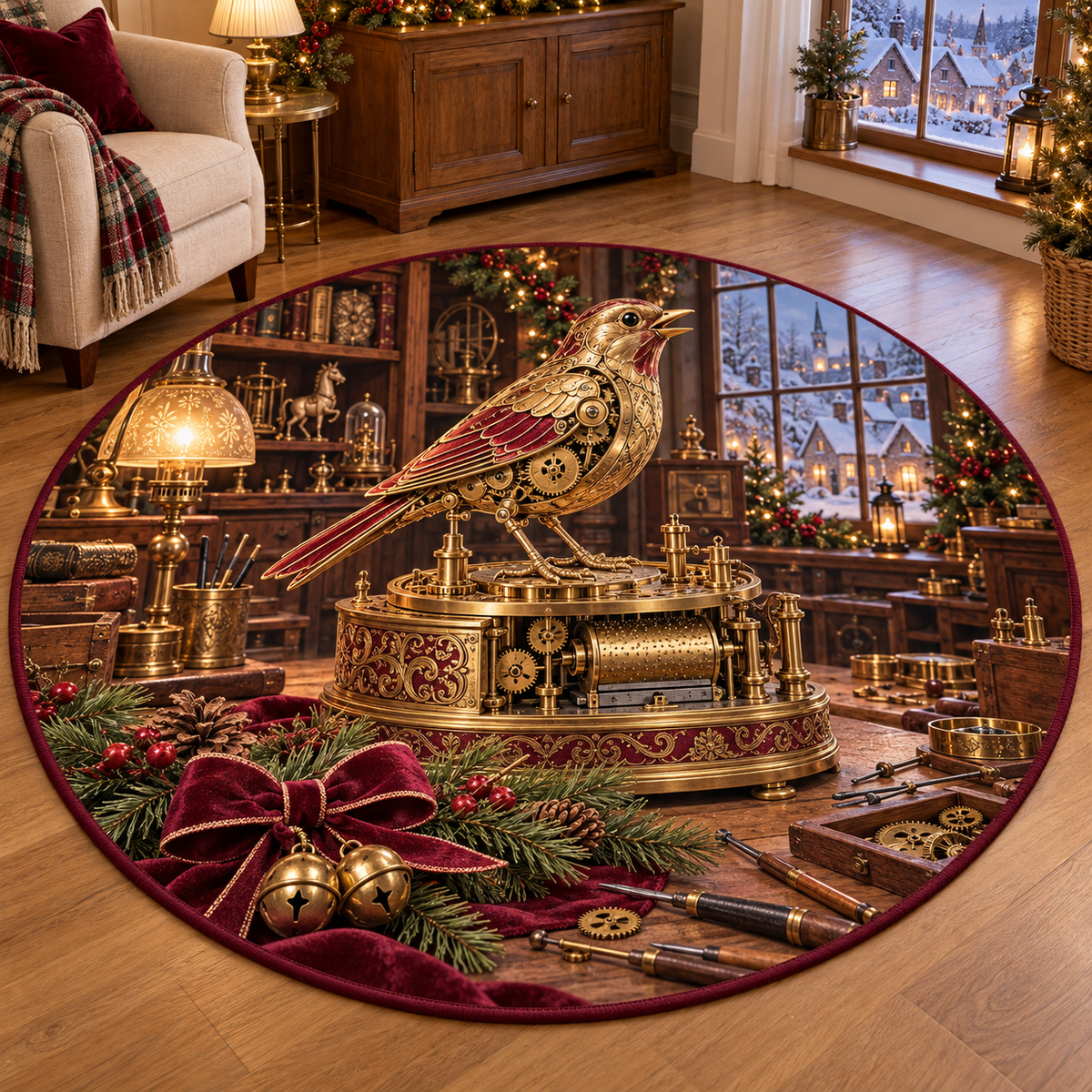 Automaton Workshop Christmas artwork and layered scenic details printed on a flat round mat rug; festive details and apparent relief are printed.