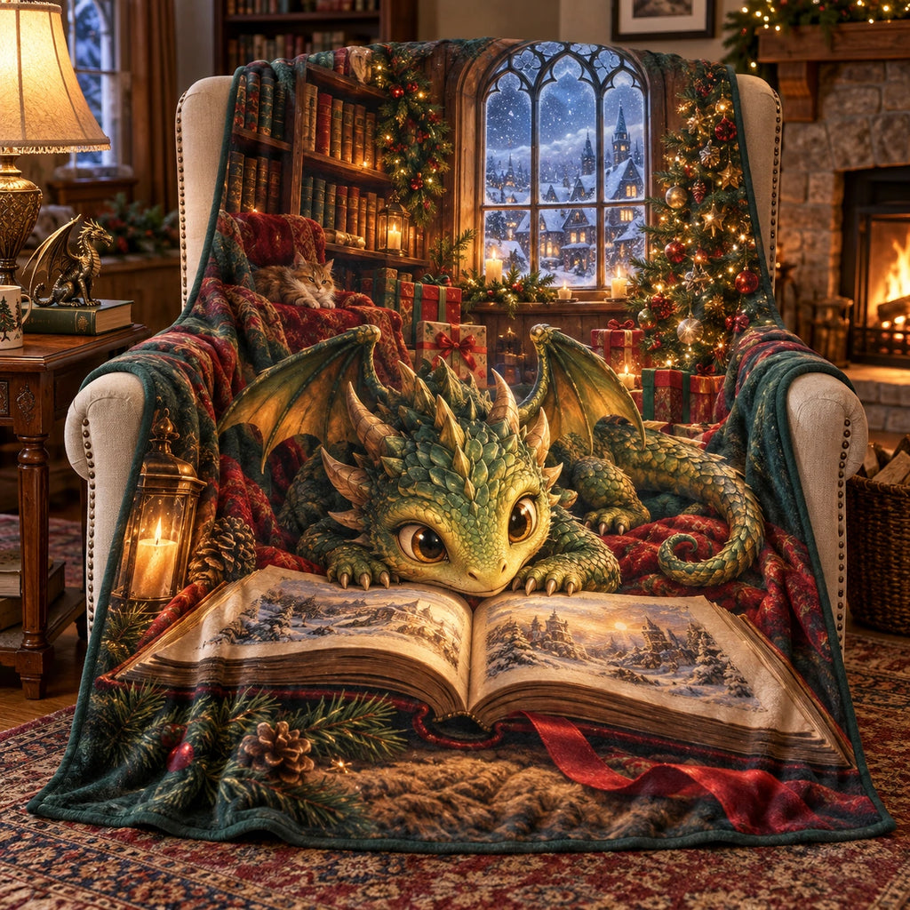 Christmas Baby Dragon Fleece Throw Blanket with layered printed depth and niche-specific Christmas background