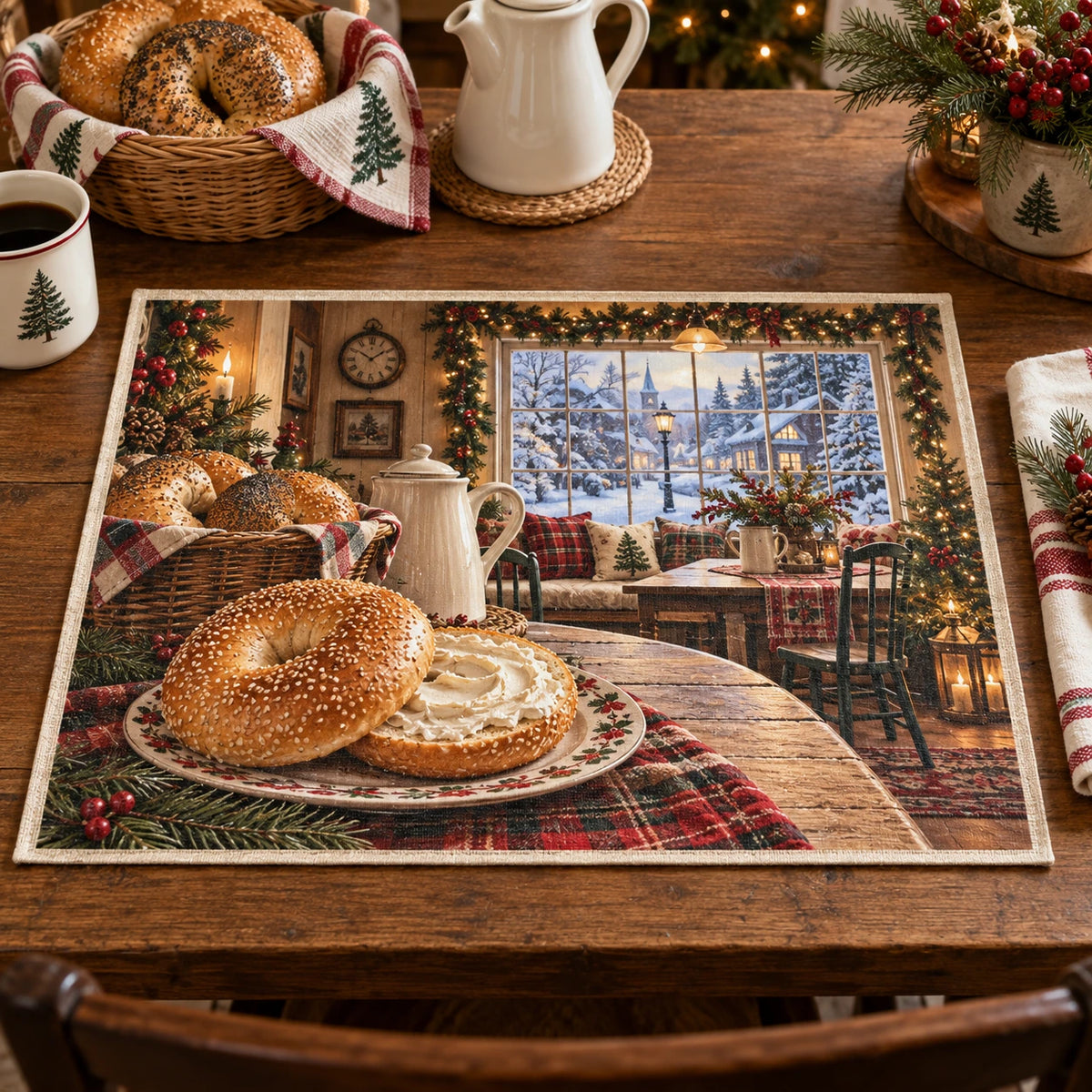 Christmas Bagel Breakfast Nook Placemat with layered printed depth and niche-specific Christmas background