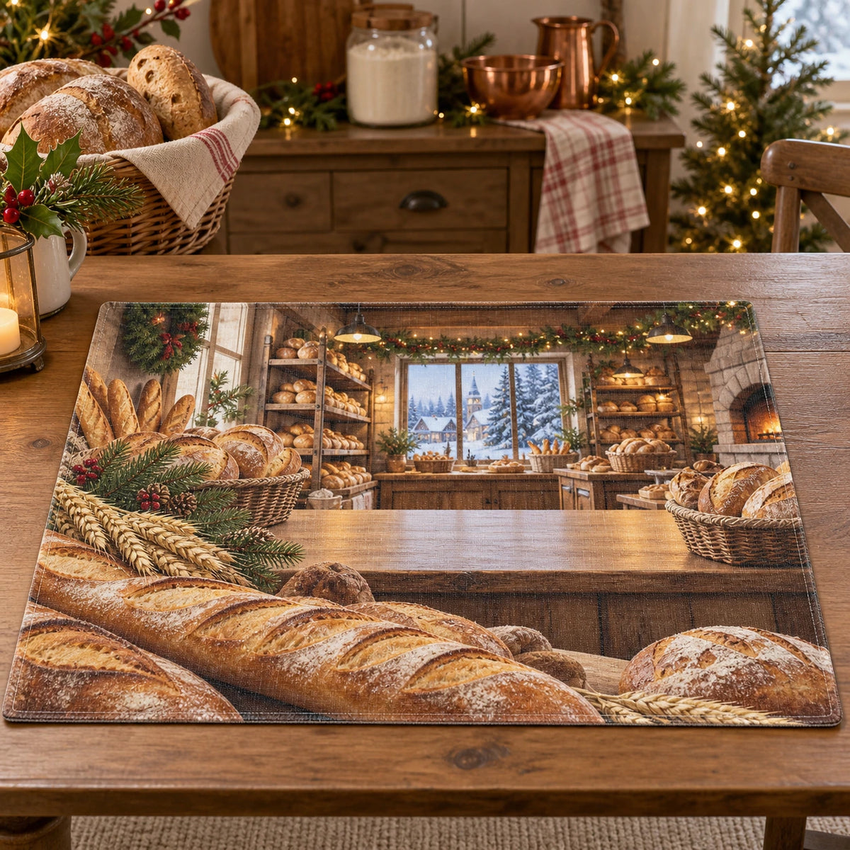 Christmas Baguette Bakery Placemat with layered printed depth and niche-specific Christmas background