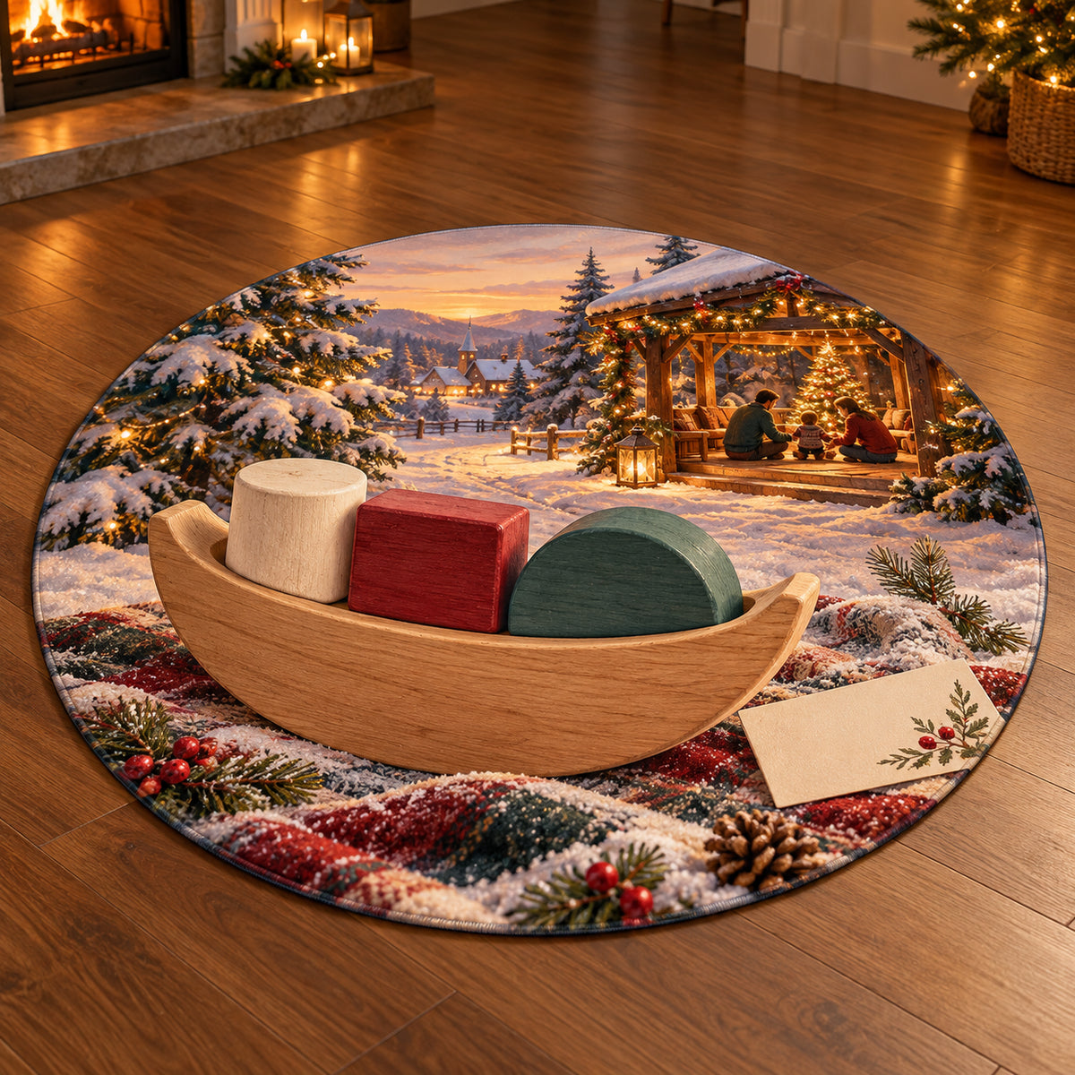 Christmas Balance Boat Family Play Round Mat Rug flat printed mat in matching Christmas setting