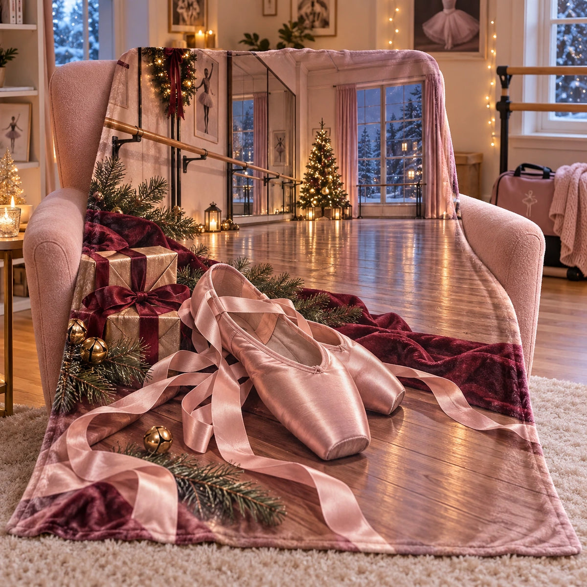 Christmas Ballet Studio Fleece Throw Blanket with layered printed depth and niche-specific Christmas background