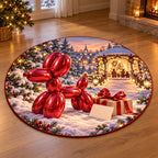 Christmas Balloon Dog Family Delight Round Mat Rug flat printed mat in matching Christmas setting