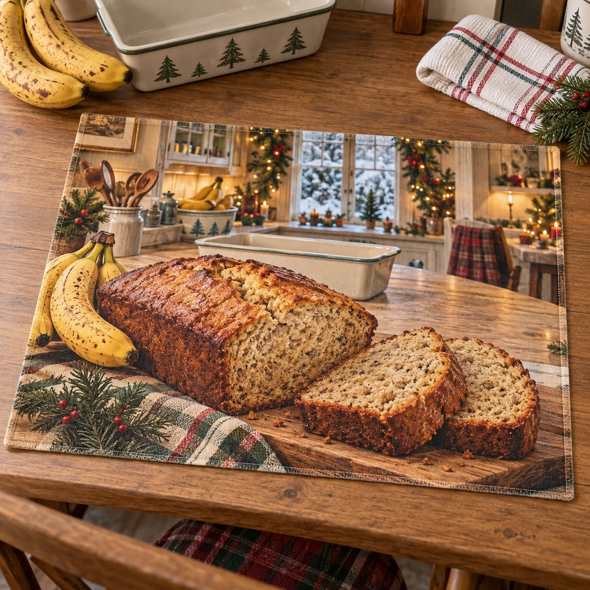 Christmas Banana Bread Breakfast Placemat with layered printed depth and niche-specific Christmas background