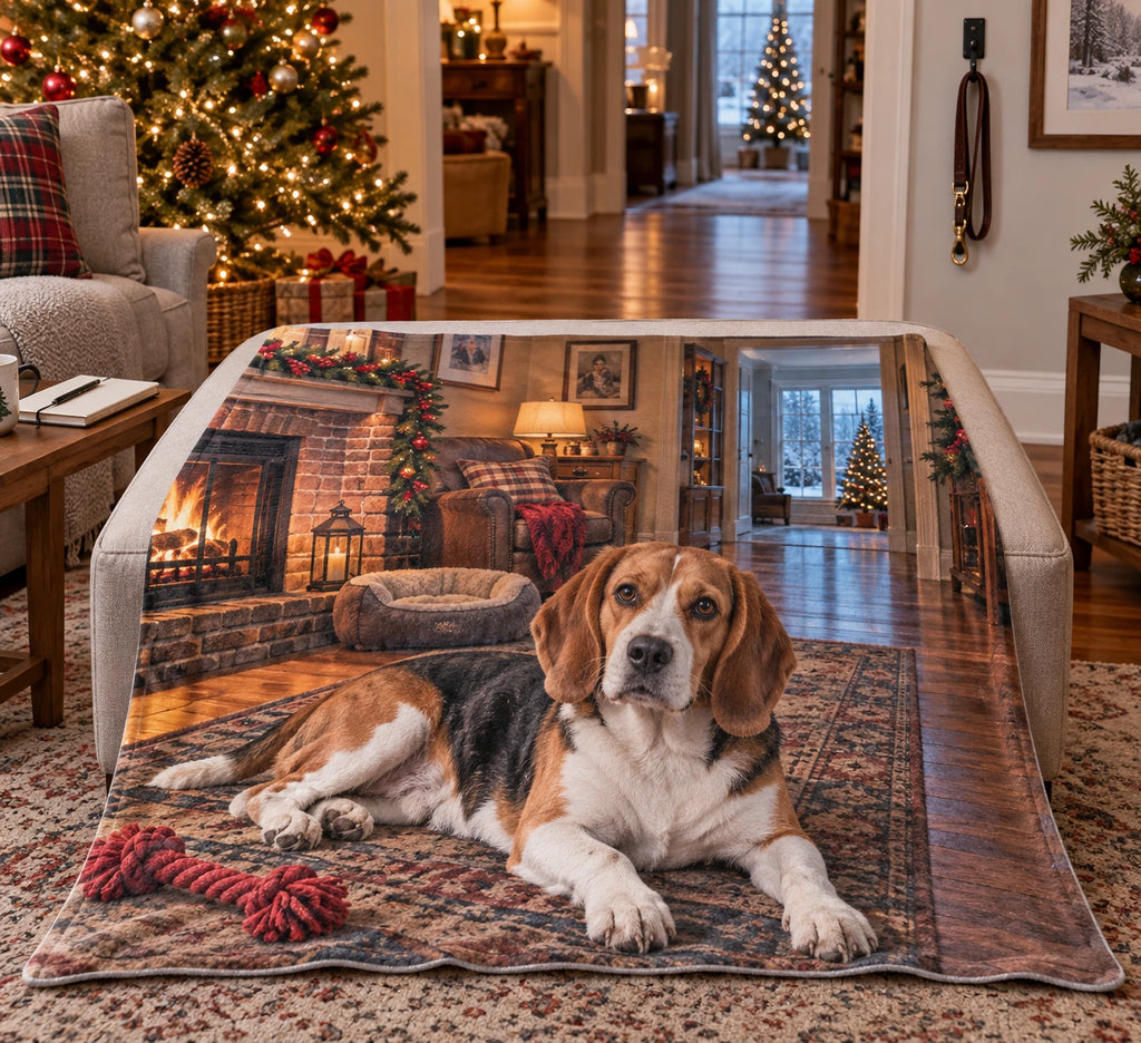 Christmas Beagle Hearth Fleece Throw Blanket with layered printed depth and niche-specific Christmas background