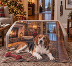 Christmas Beagle Hearth Fleece Throw Blanket with layered printed depth and niche-specific Christmas background