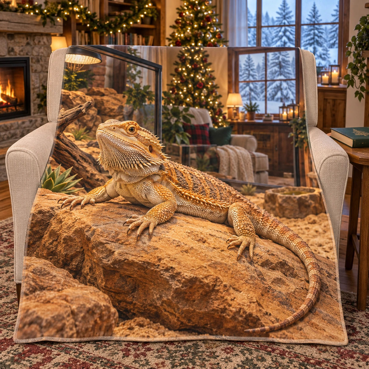 Christmas Bearded Dragon Fleece Throw Blanket with layered printed depth and niche-specific Christmas background