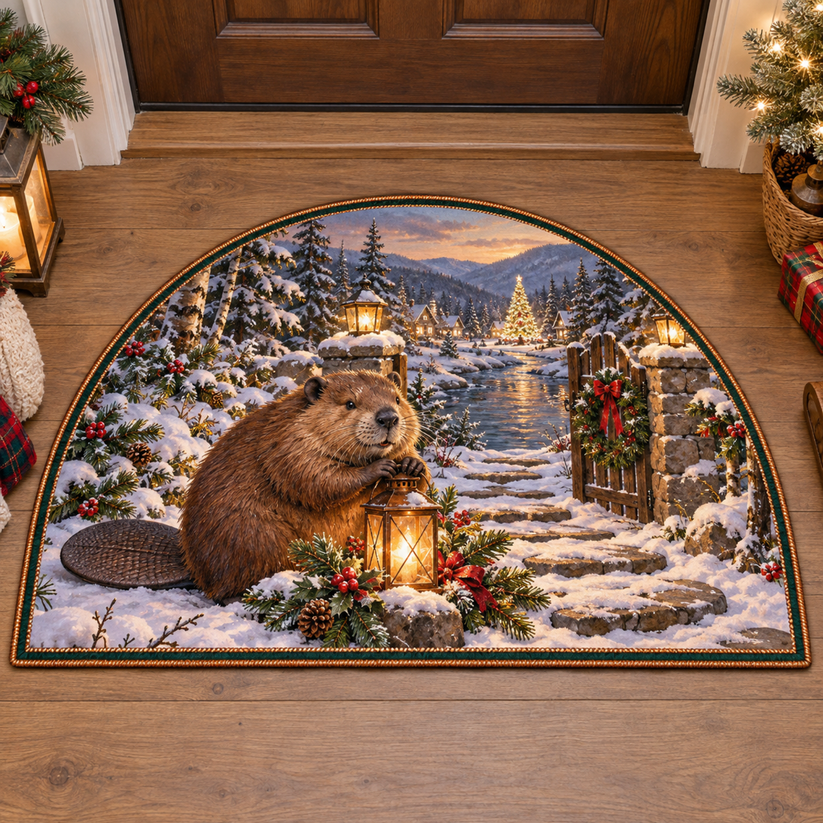 Christmas Beaver Copper River Gate Semicircle Mat flat printed mat in matching Christmas setting
