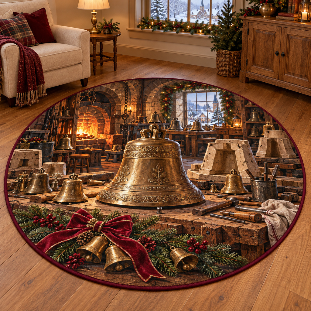Bellmaker Workshop Christmas artwork and layered scenic details printed on a flat round mat rug; festive details and apparent relief are printed.