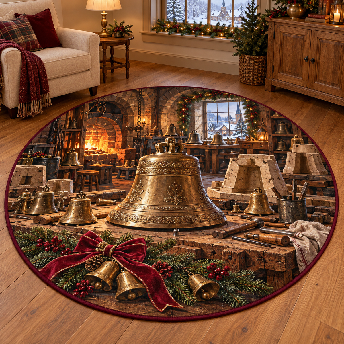 Bellmaker Workshop Christmas artwork and layered scenic details printed on a flat round mat rug; festive details and apparent relief are printed.