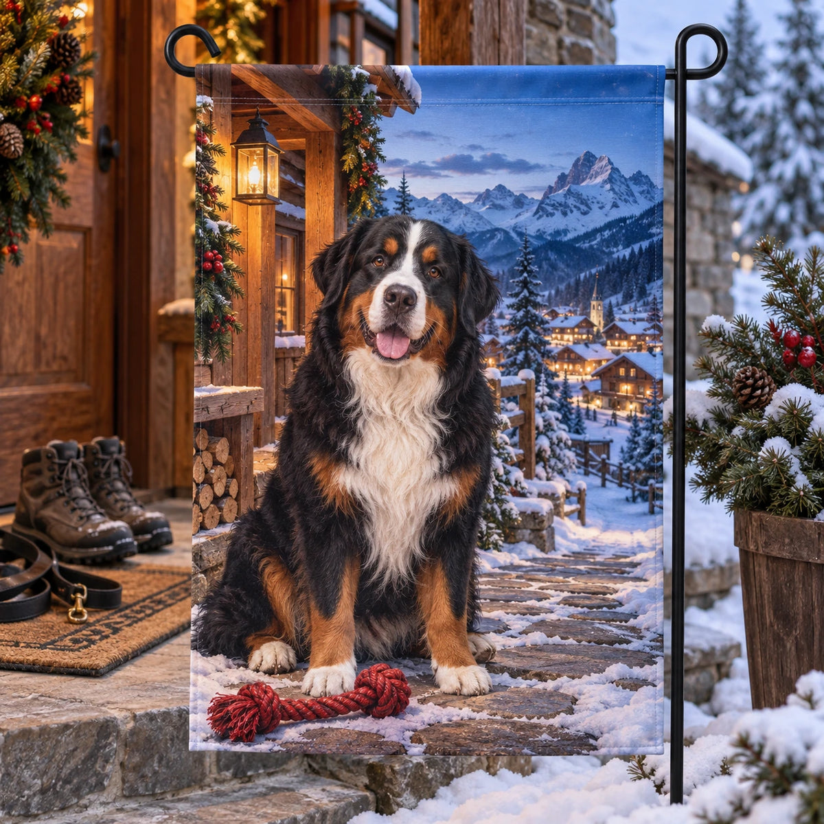 Christmas Bernese Mountain Dog Chalet Garden Flag with layered printed depth and niche-specific Christmas background