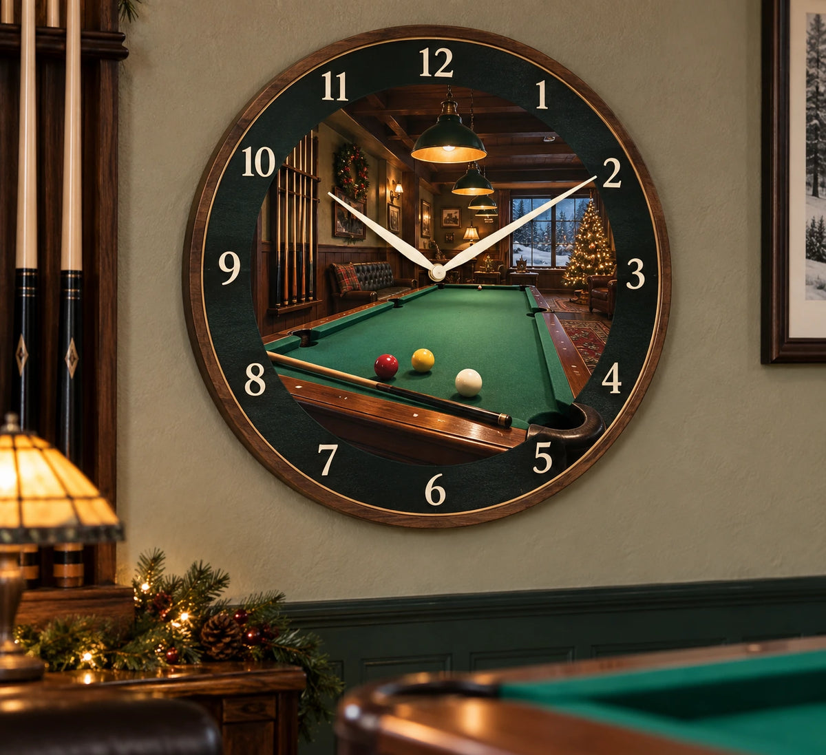 Christmas Billiards Room Wooden Wall Clock with layered printed depth and niche-specific Christmas background