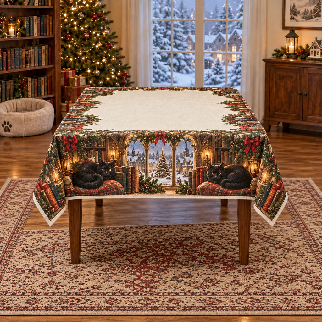 Christmas Black Cat Library Tablecloth with layered printed depth and niche-specific Christmas background