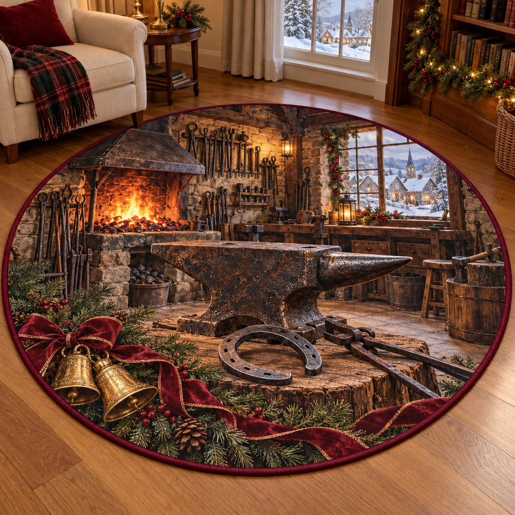 Blacksmith Workshop Christmas artwork and layered scenic details printed on a flat round mat rug; festive details and apparent relief are printed.