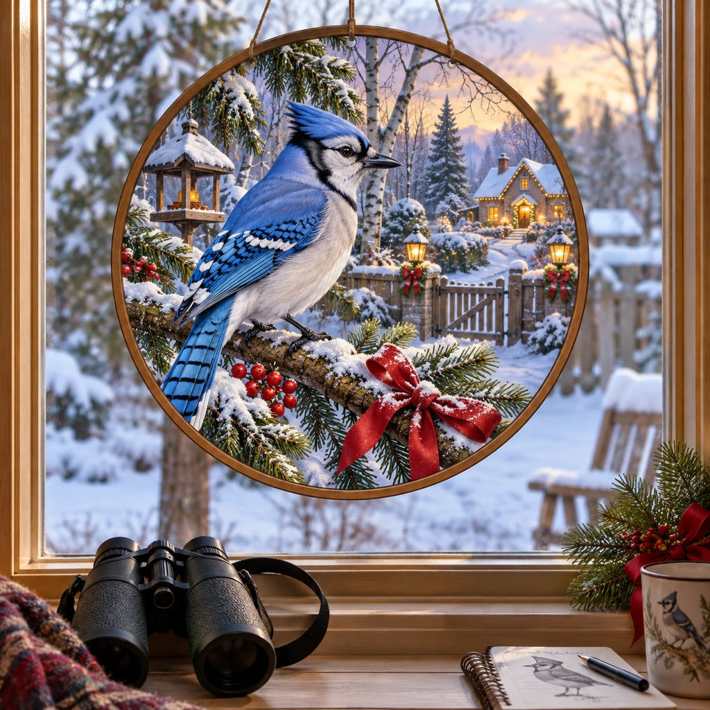 Christmas Blue Jay Wood and Acrylic Suncatcher with layered printed depth and niche-specific Christmas background