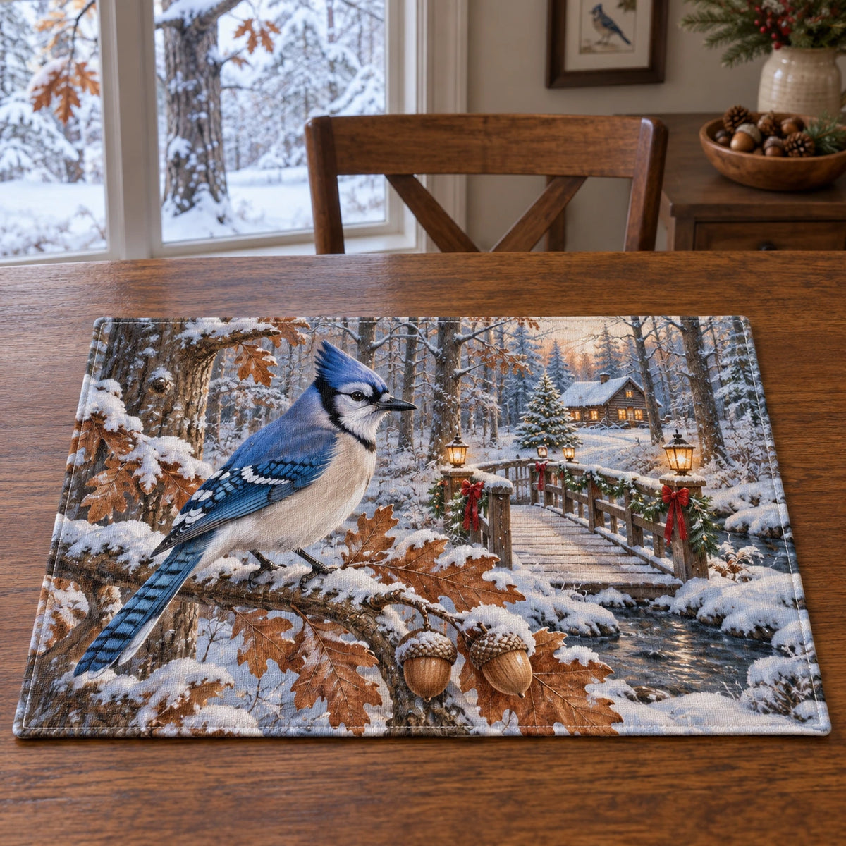 Christmas Blue Jay Woodland Linen Placemat with layered printed depth and niche-specific Christmas background