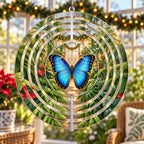 Christmas Blue Morpho Wind Spinner with layered printed depth and niche-specific Christmas background