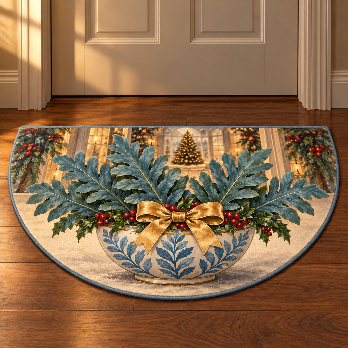 Christmas Blue Star Fern Family Window Semicircle Mat flat printed mat in matching Christmas setting