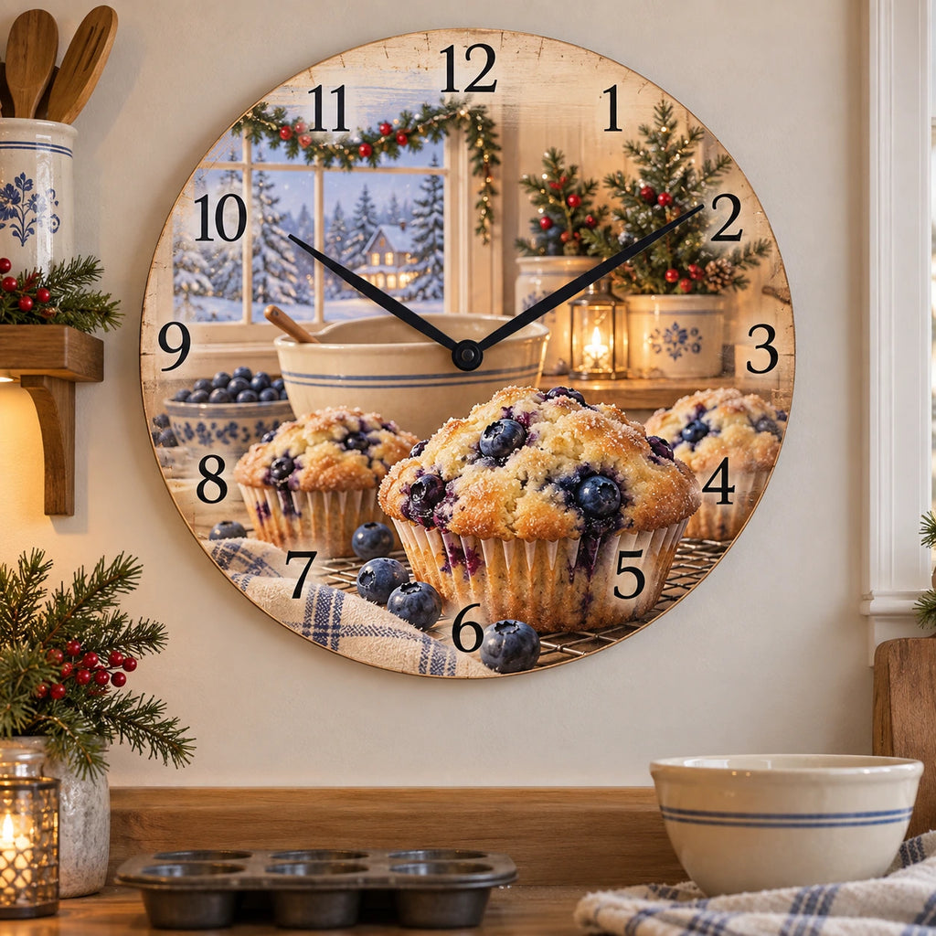 Christmas Blueberry Muffin Wooden Wall Clock with layered printed depth and niche-specific Christmas background