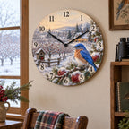 Christmas Bluebird Orchard Wooden Wall Clock with layered printed depth and niche-specific Christmas background